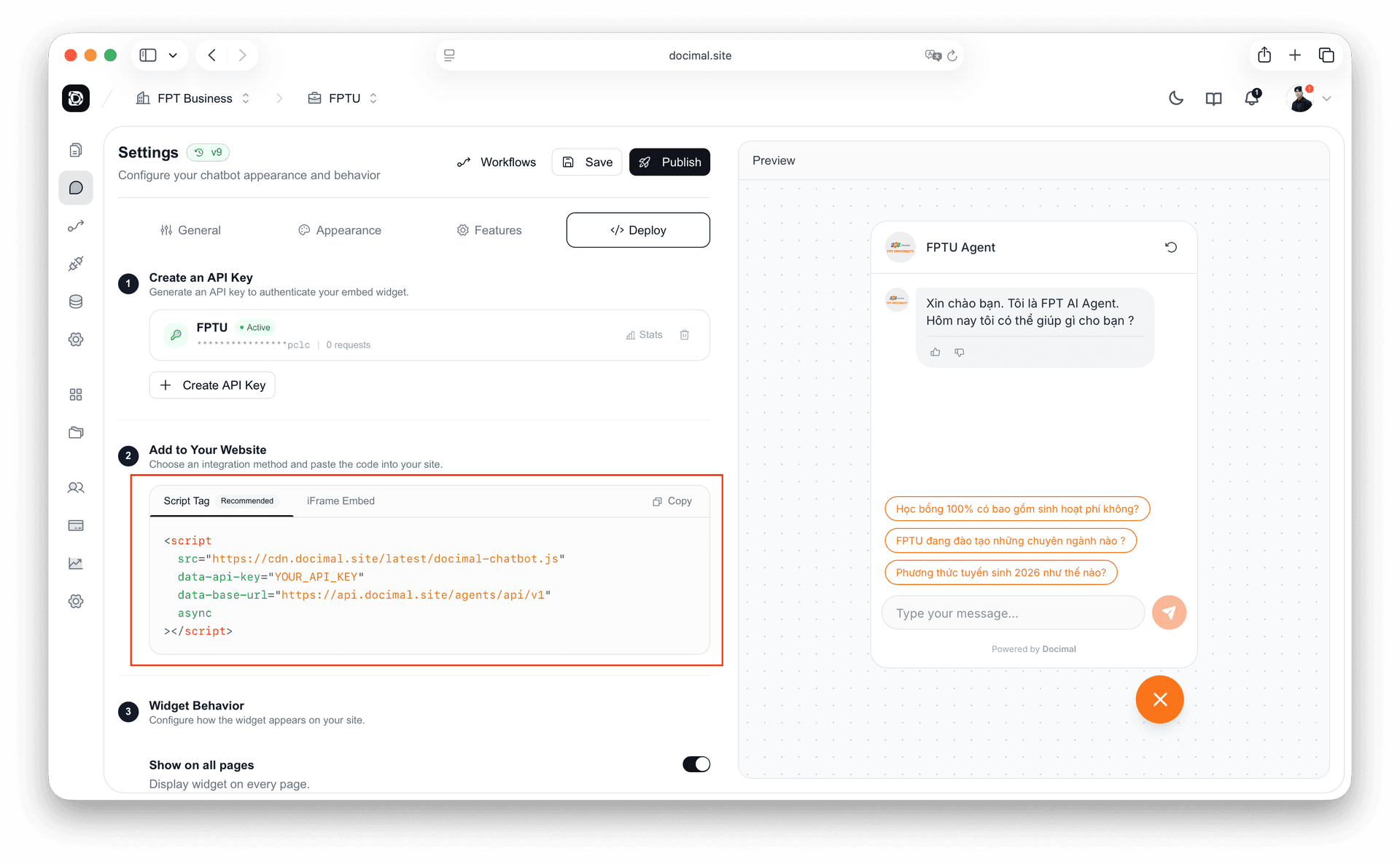 Docimal Embed Settings Dashboard